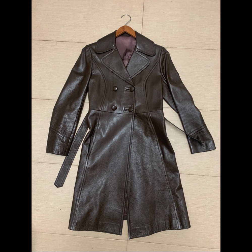 Vintage Genuine Dark Brown Leather Trench Coat XS, made in Hong Kong in the 70’s